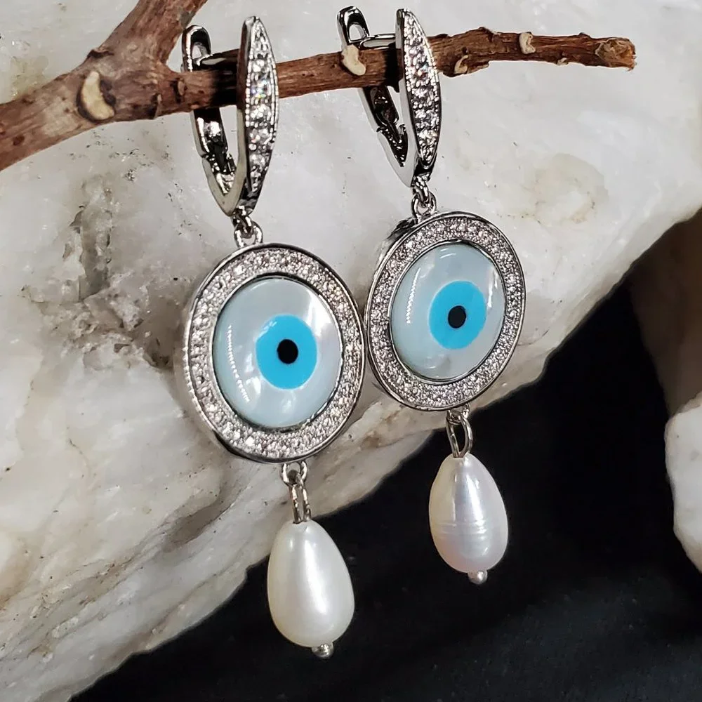 Rhodium Platinum plated Earrings Topaz Pave Pearl Evil Eye Mother Of Pearl